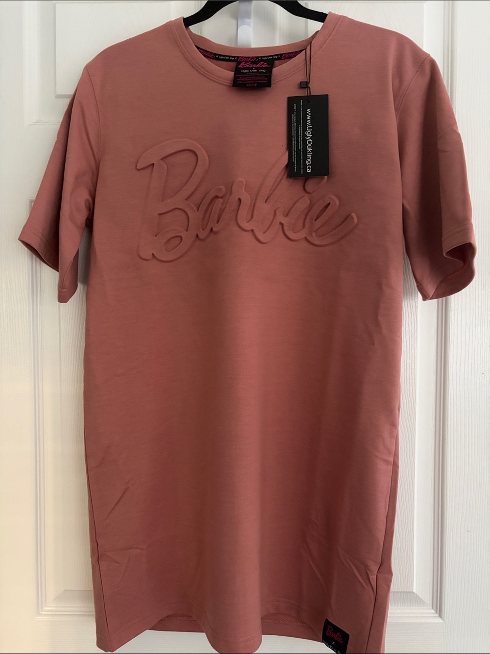 NWT PTP 20” L32”Barbie x Ugly Dukling Rose Mauve Embossed Logo T-Shirt Dress XS